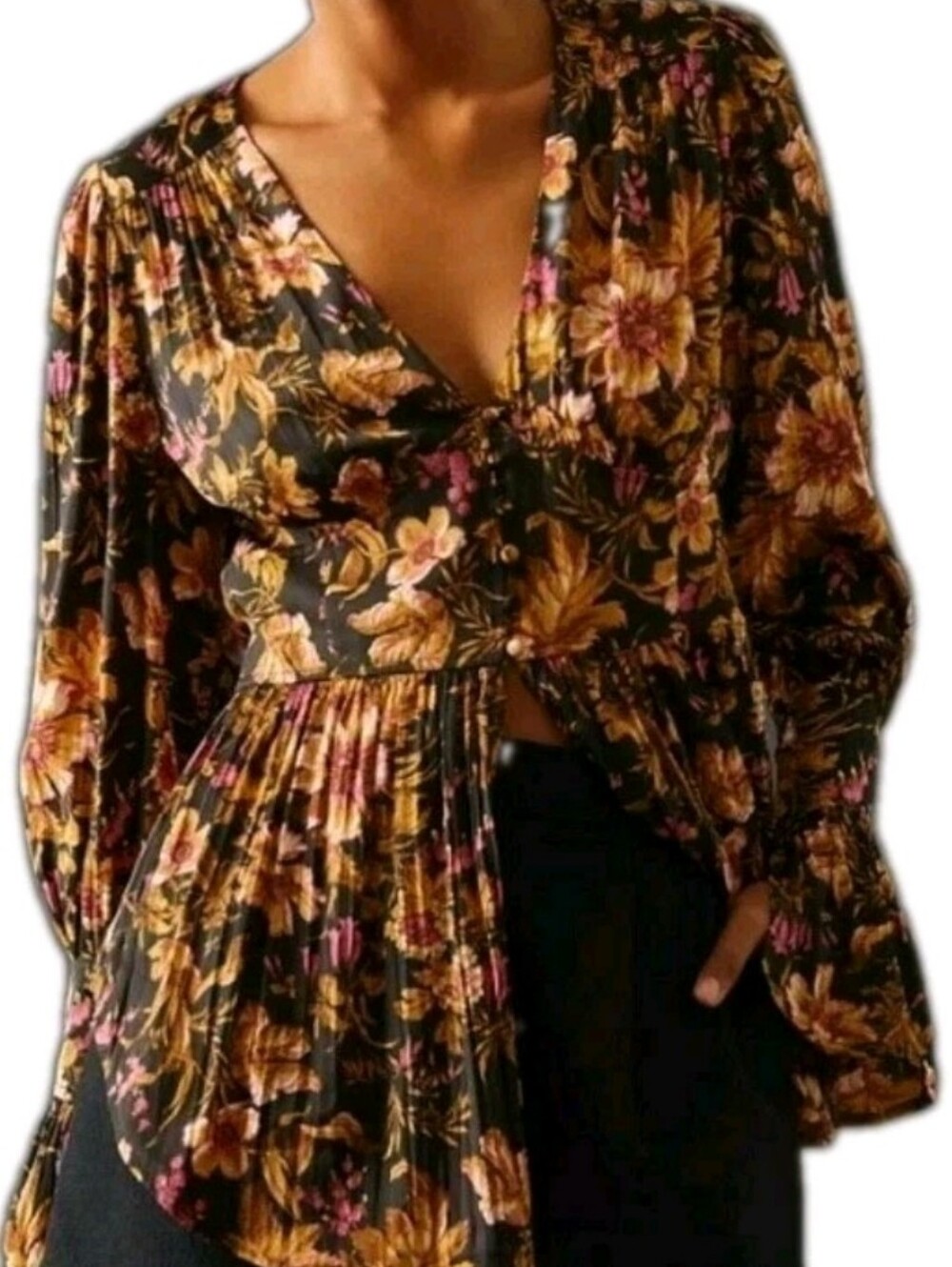 Anthropologie Black Floral V-Neck Peplum Blouse XS Fairy Grunge Whimsigoth NWT